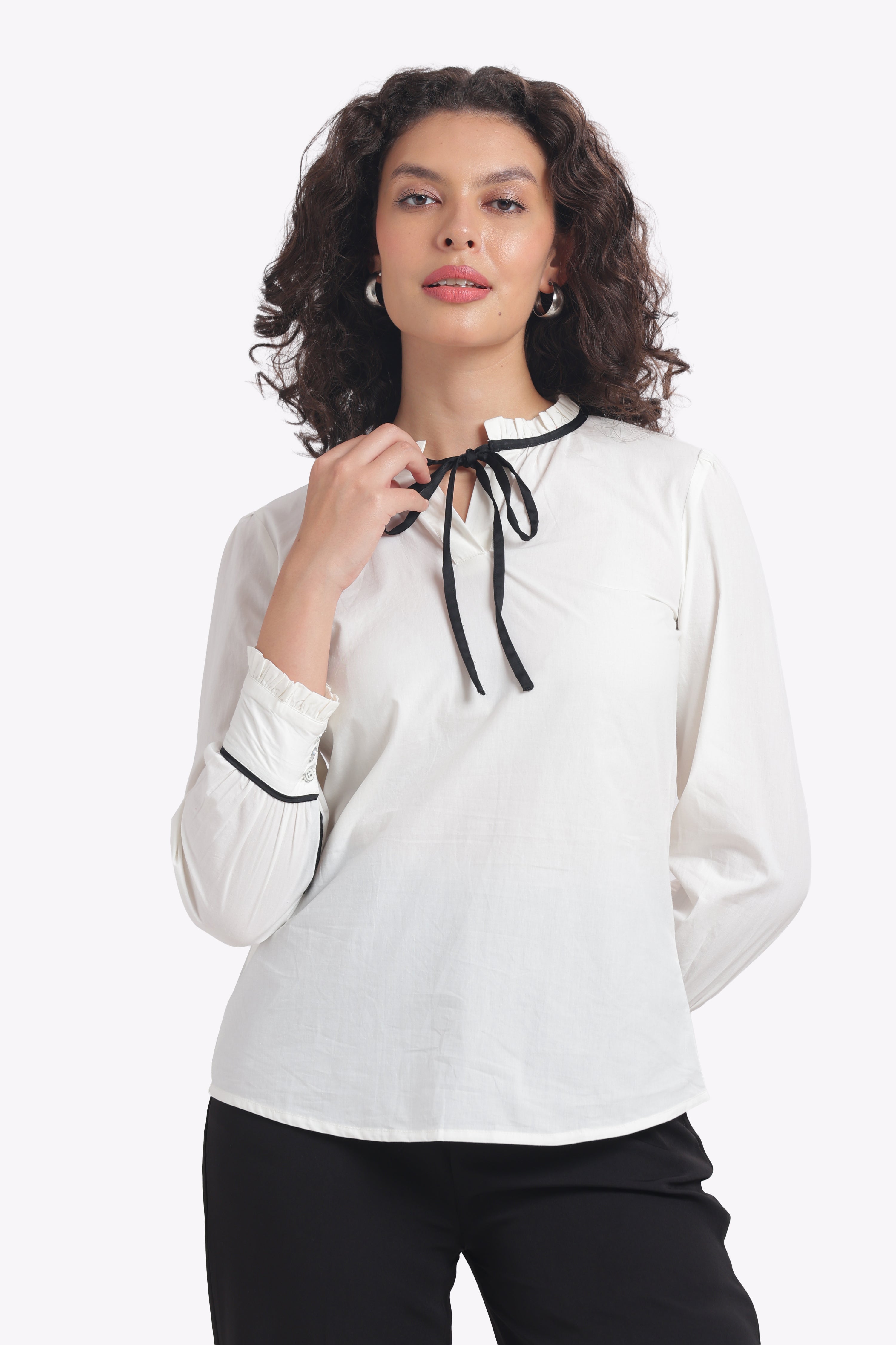 Allure - White Poplin Shirt with Black Tie-Up