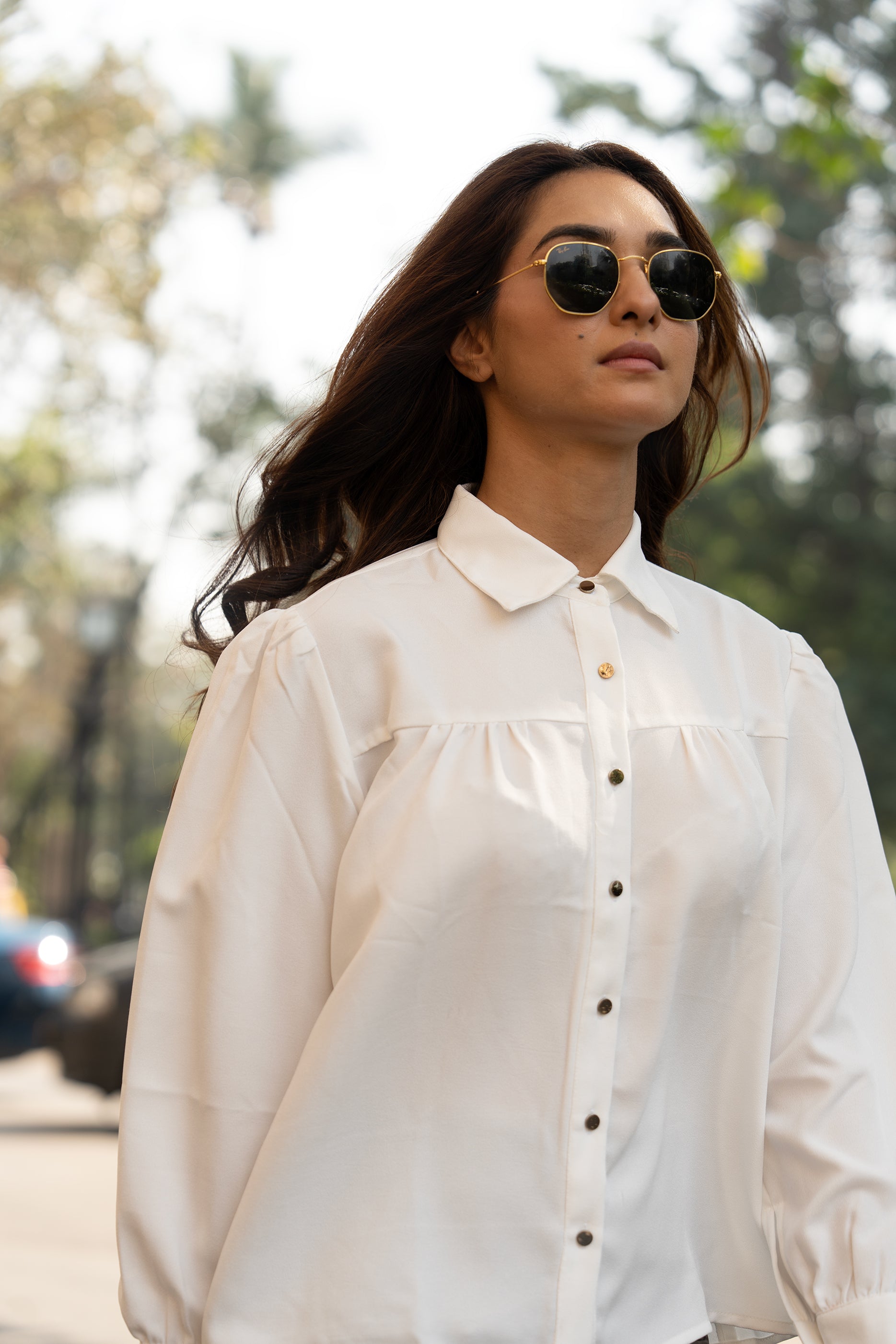 Front Gathered Semi-Casual shirts-White