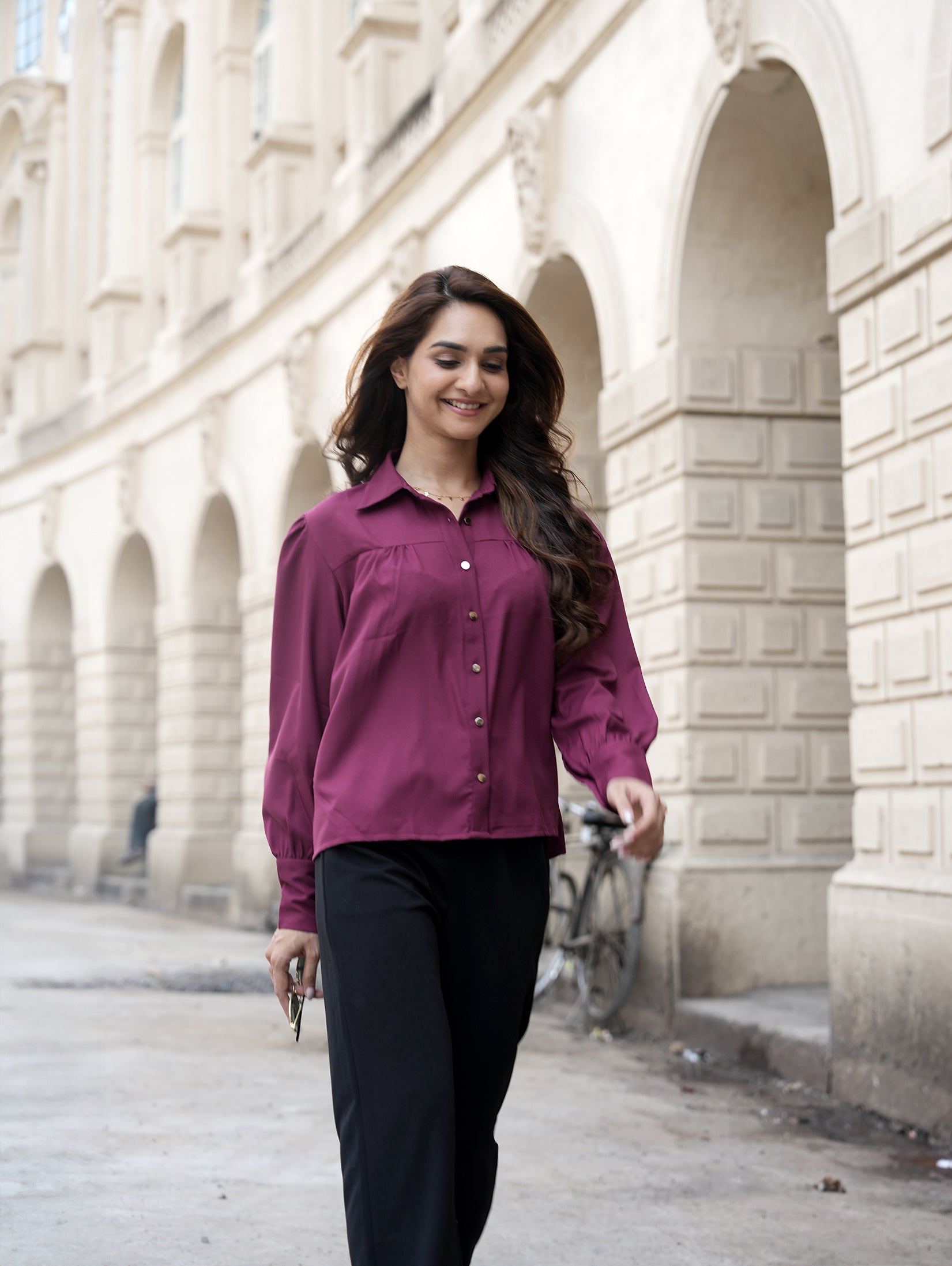 Front Gathered Semi-Casual shirts-Dark Magenta