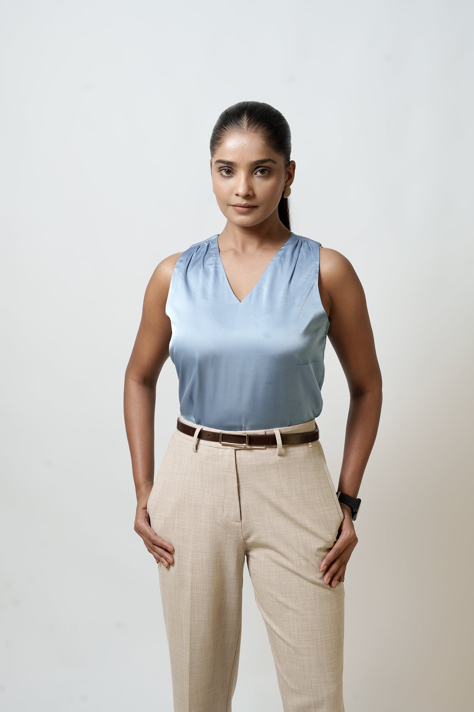 Satin Tank Top (V Neck, Blue)