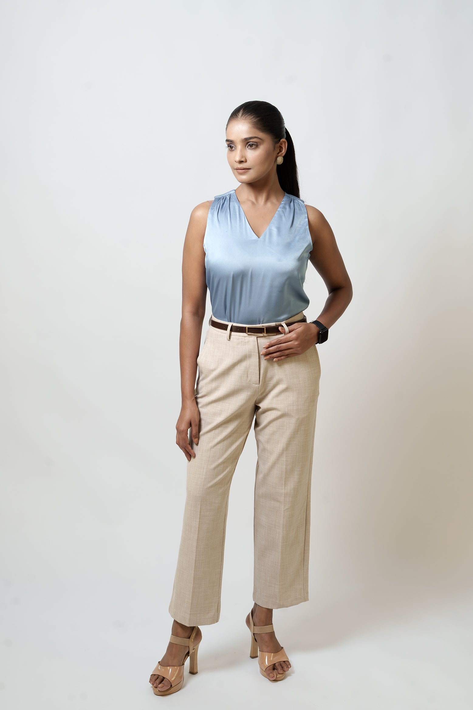 Satin Tank Top (V Neck, Blue)