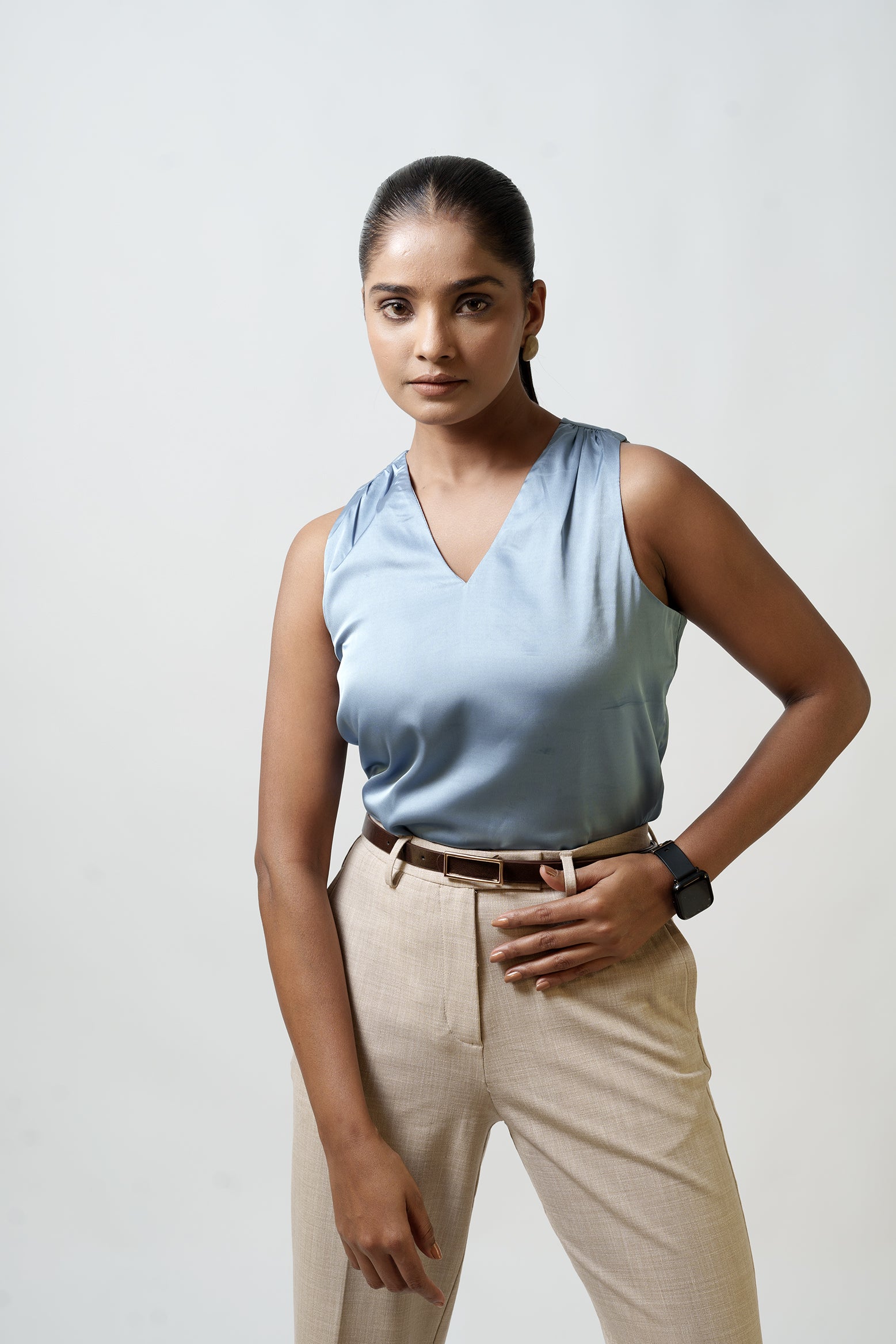 Satin Tank Top (V Neck, Blue)