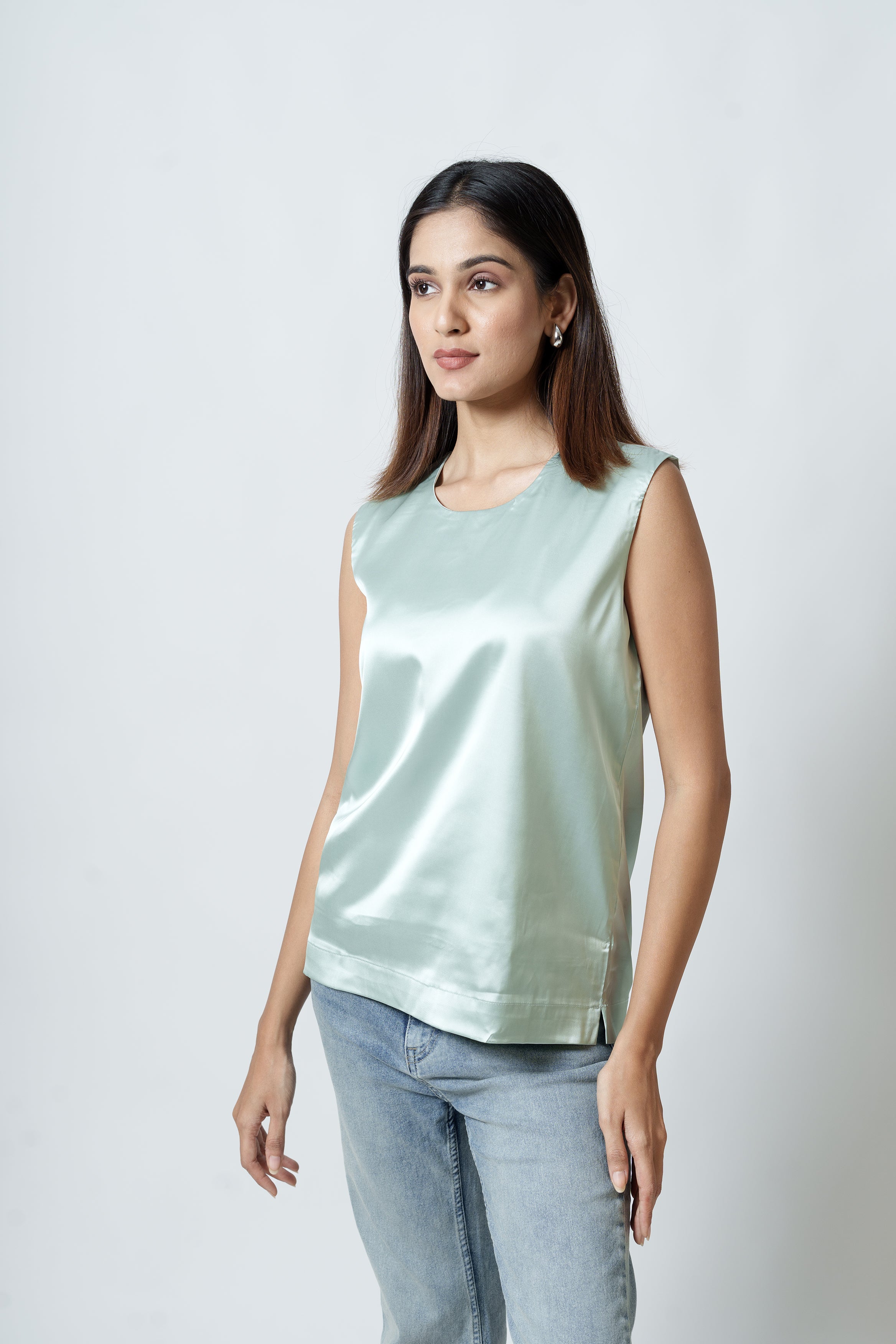 Satin Tank Top(U Neck, green)
