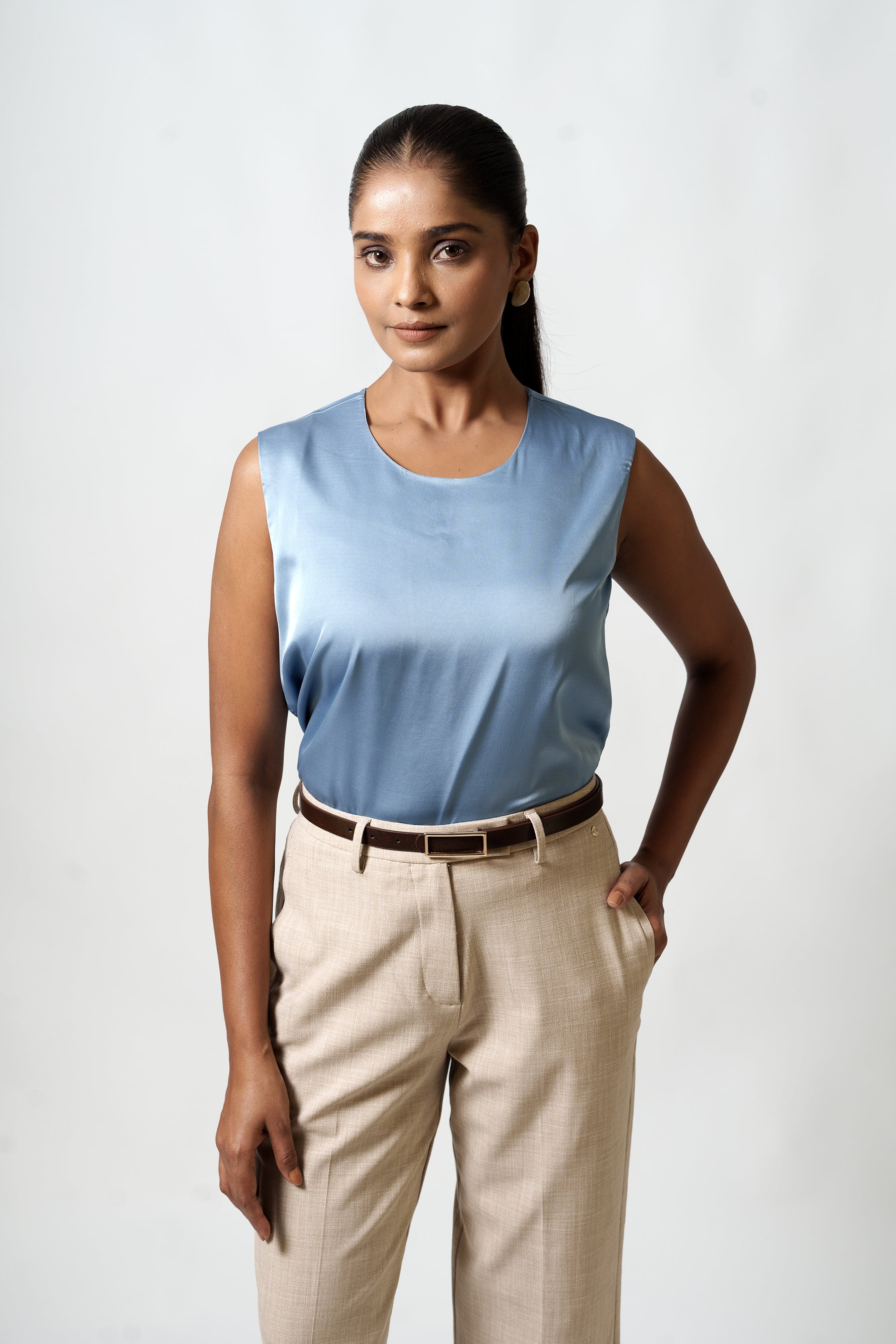 Satin Tank Top(U Neck,blue)