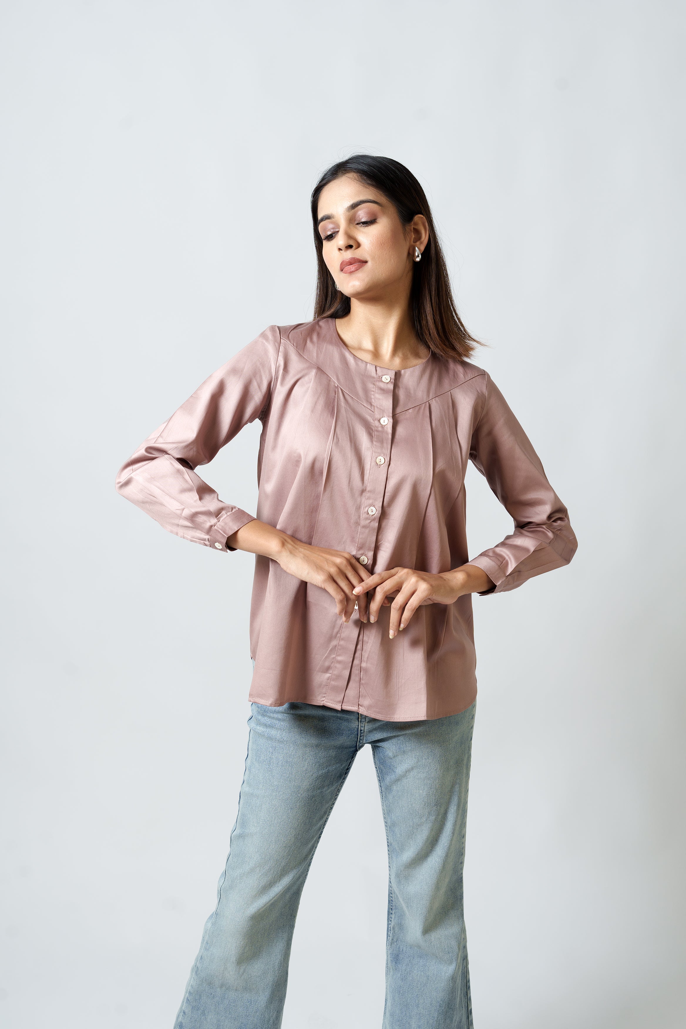 Cotton Silk Box Pleated Shirt (Mauve)