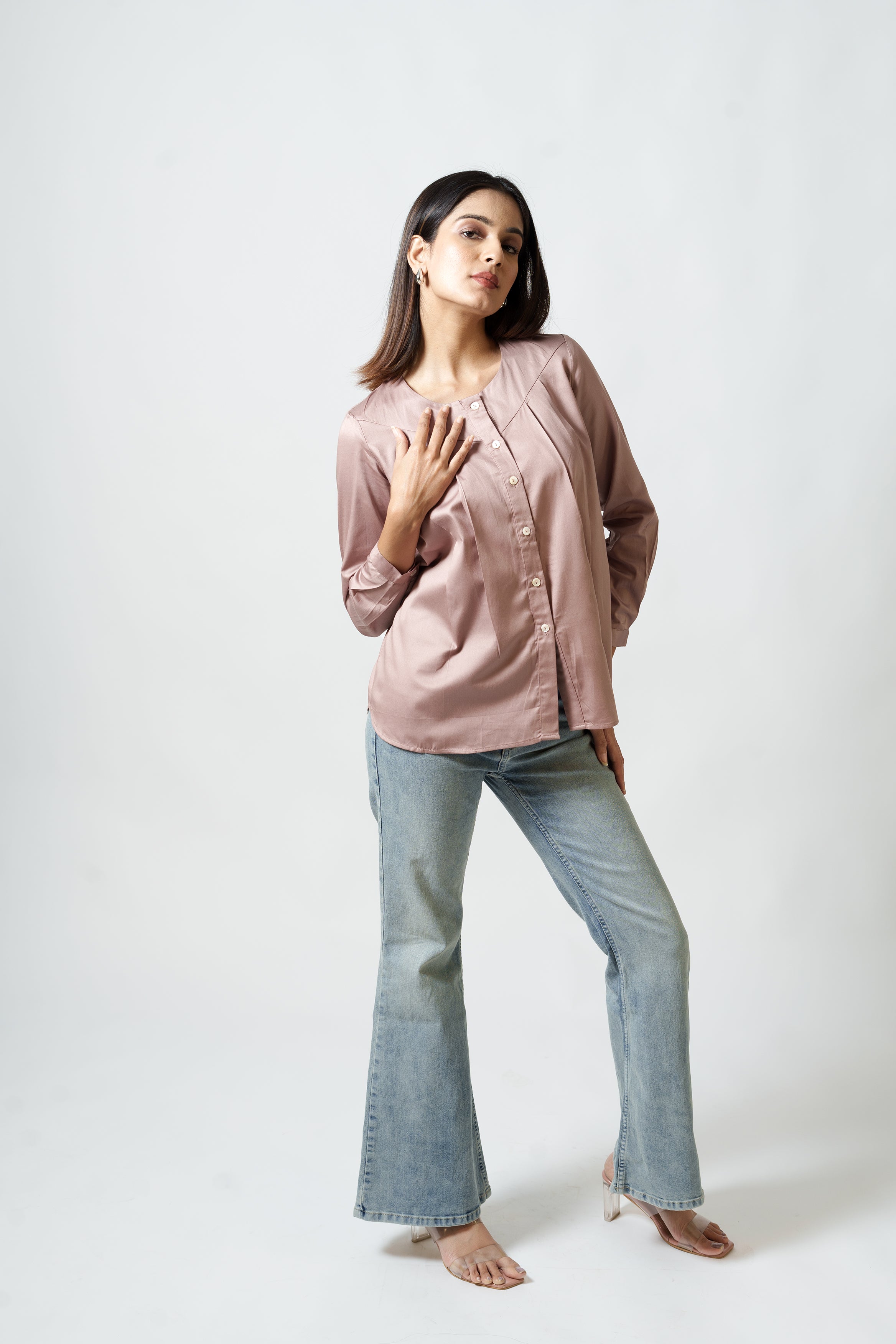 Cotton Silk Box Pleated Shirt (Mauve)