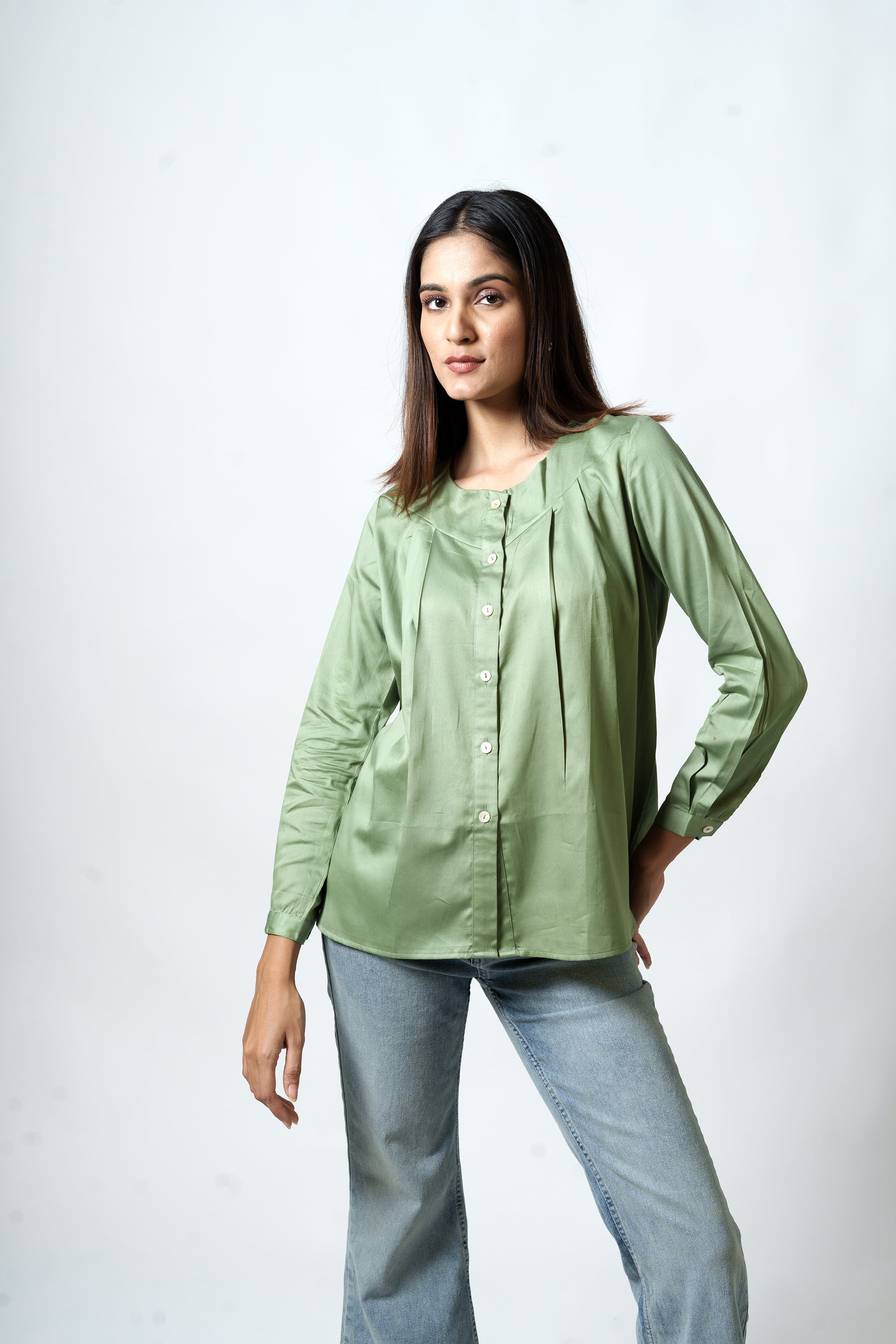 Cotton Silk Box Pleated Shirt (Sage Green)