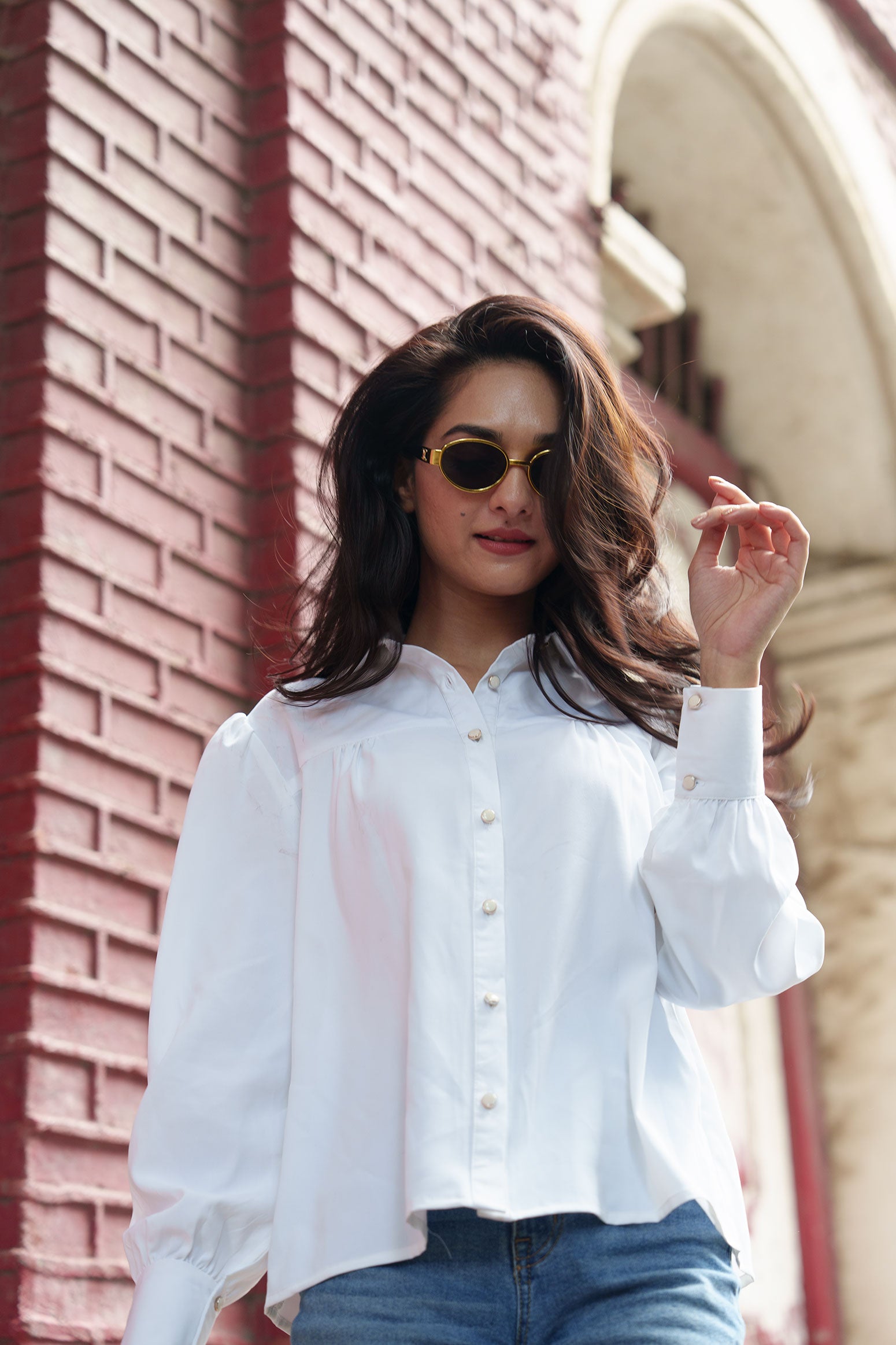 Front Gathered Semi-Casual shirts-White