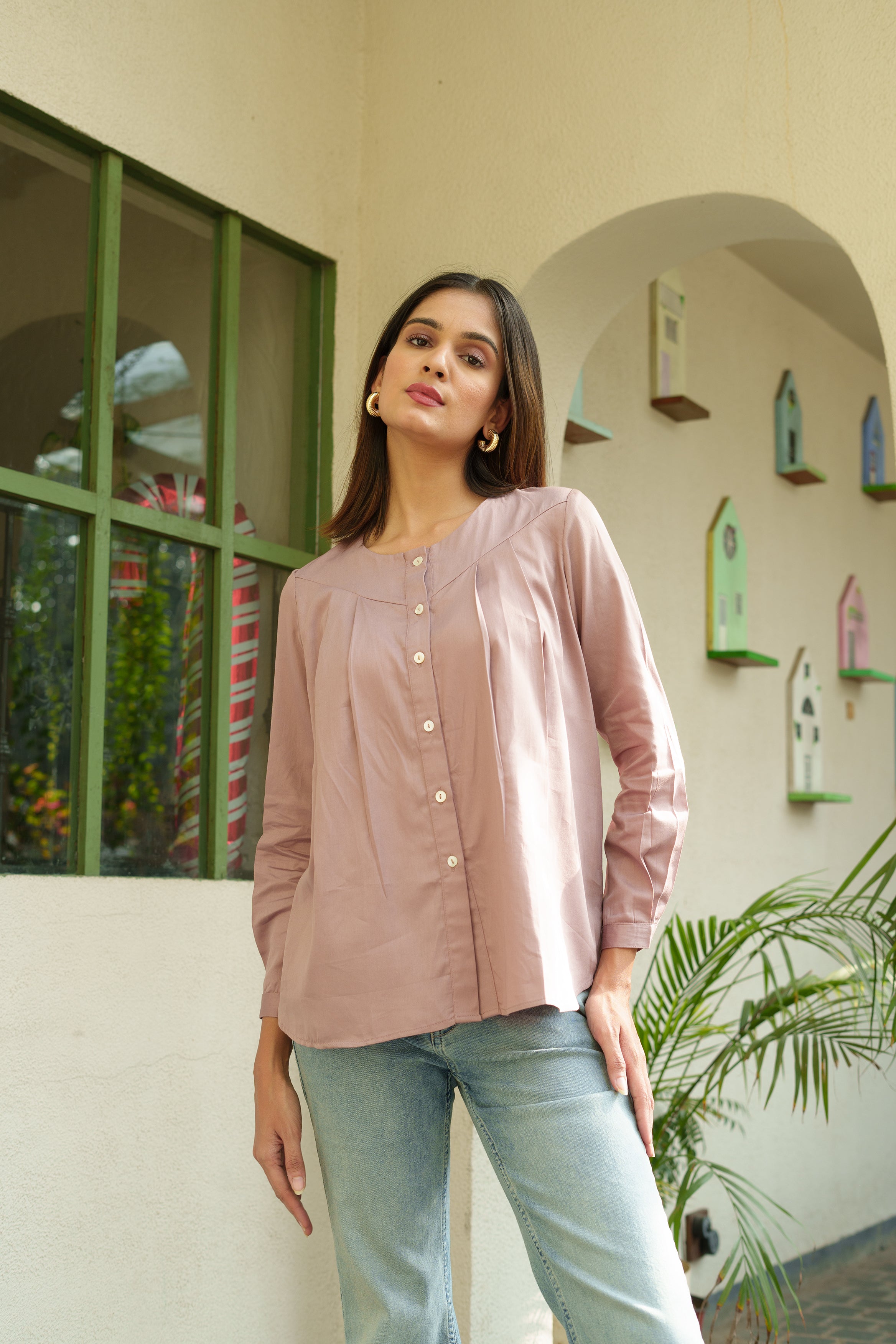 Cotton Silk Box Pleated Shirt (Mauve)