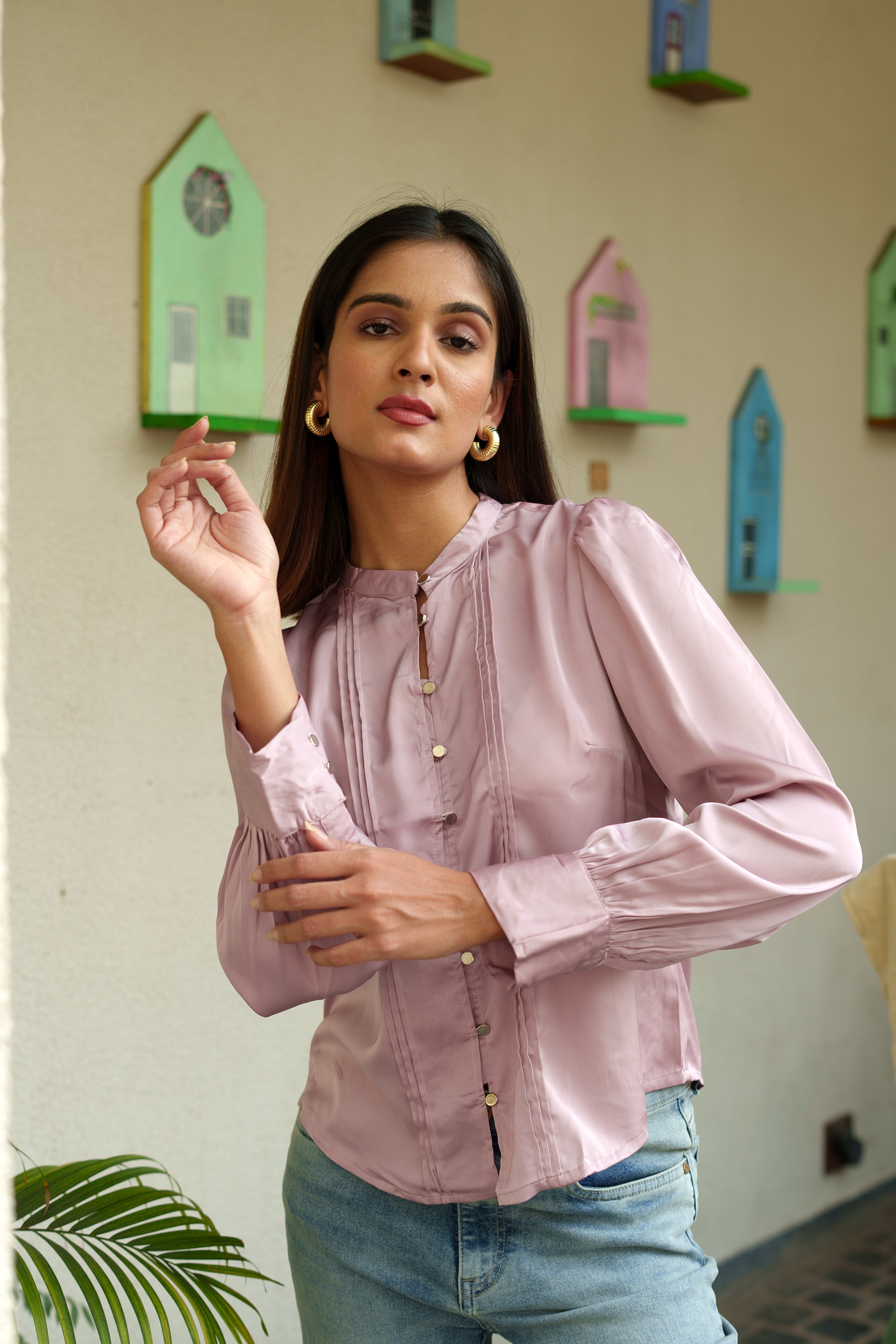 Pleated Metal Button Premium Satin shirts for women