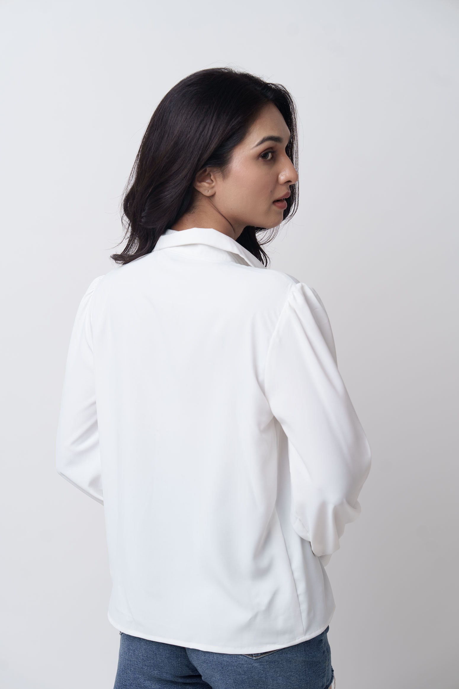 Front Gathered Semi-Casual shirts-White