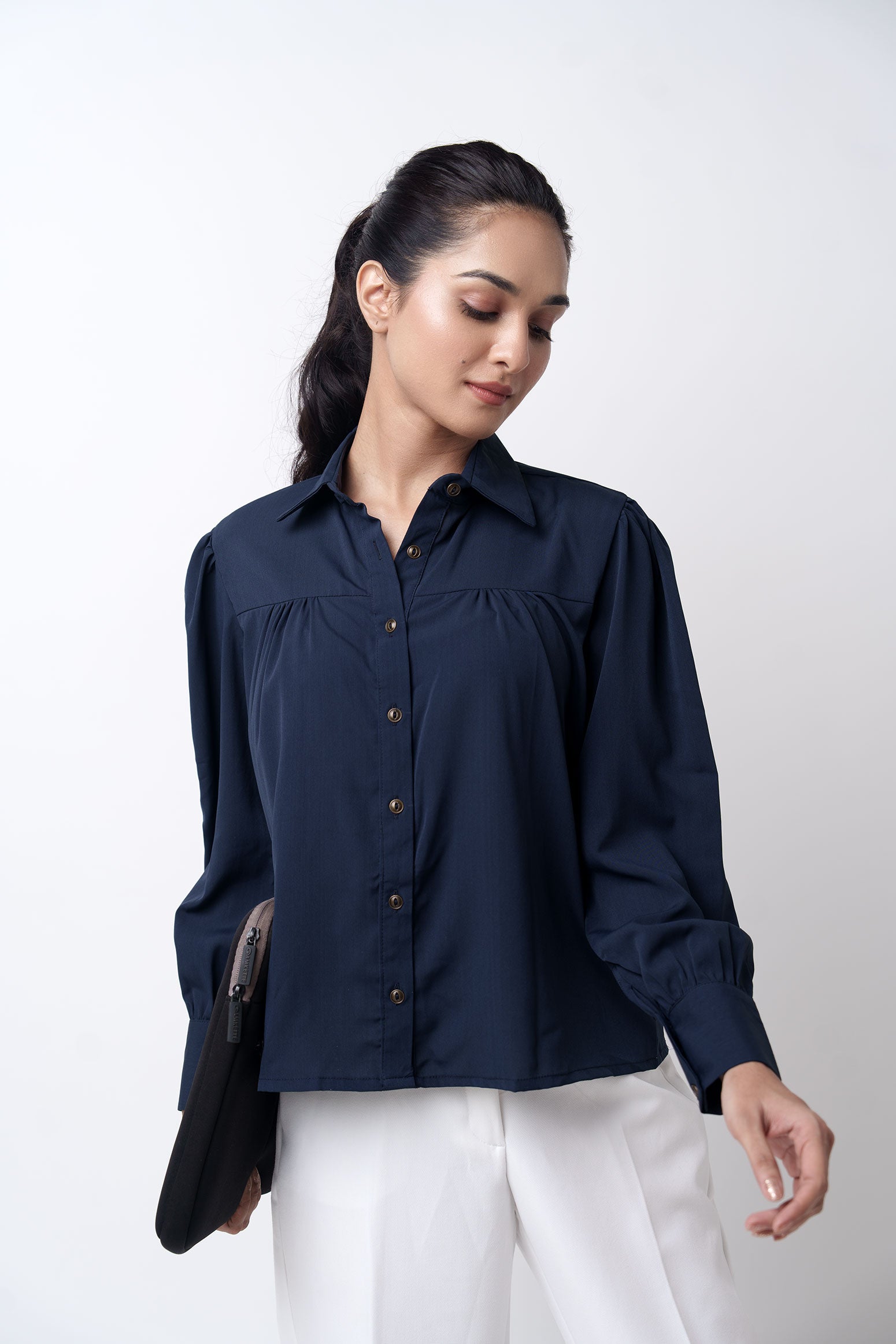 Front Gathered Semi-Casual shirts-Navy Blue