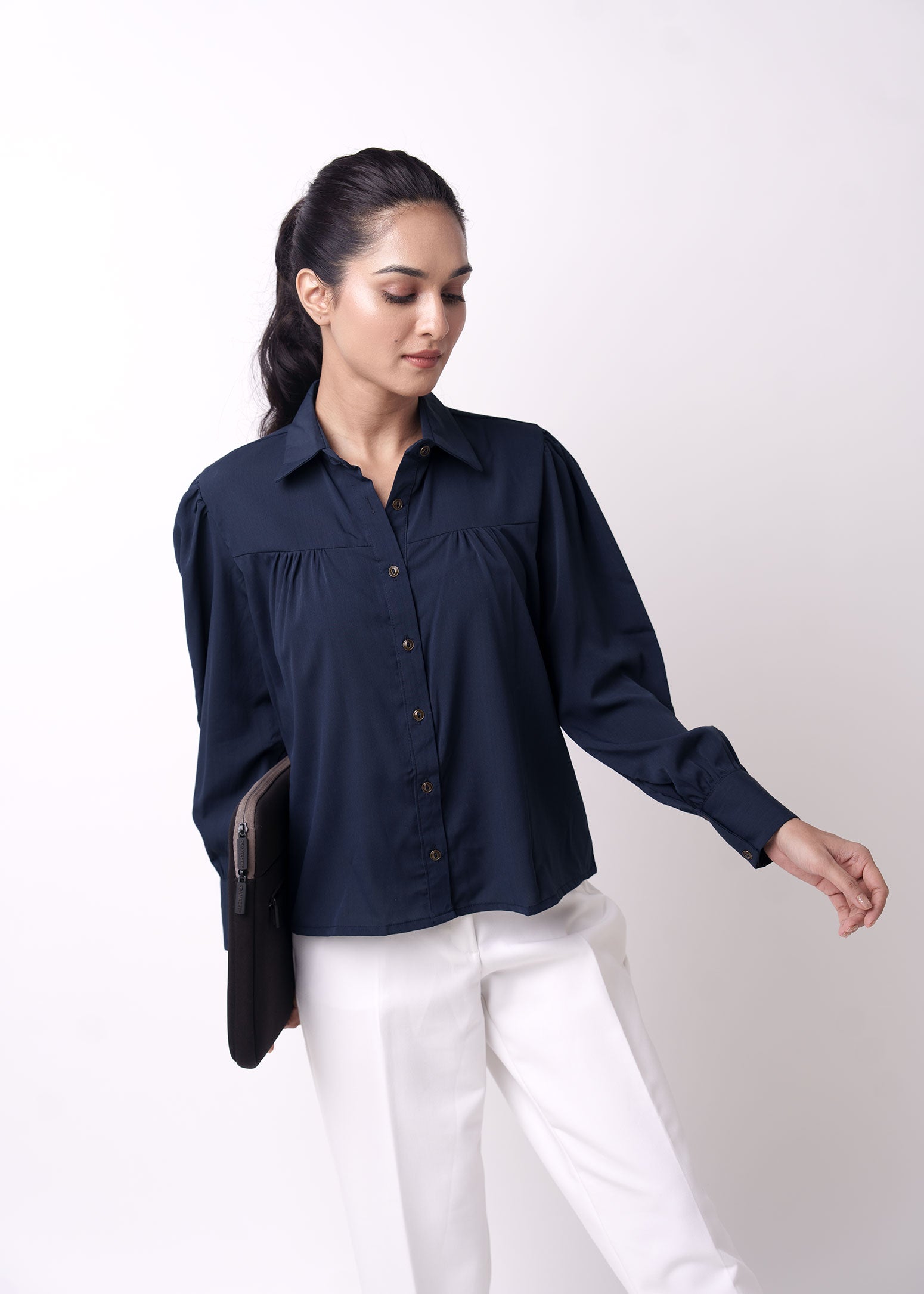 Front Gathered Semi-Casual shirts-Navy Blue Dusklane Front Gathered Semi-Casual shirts-Navy Blue Dusklane