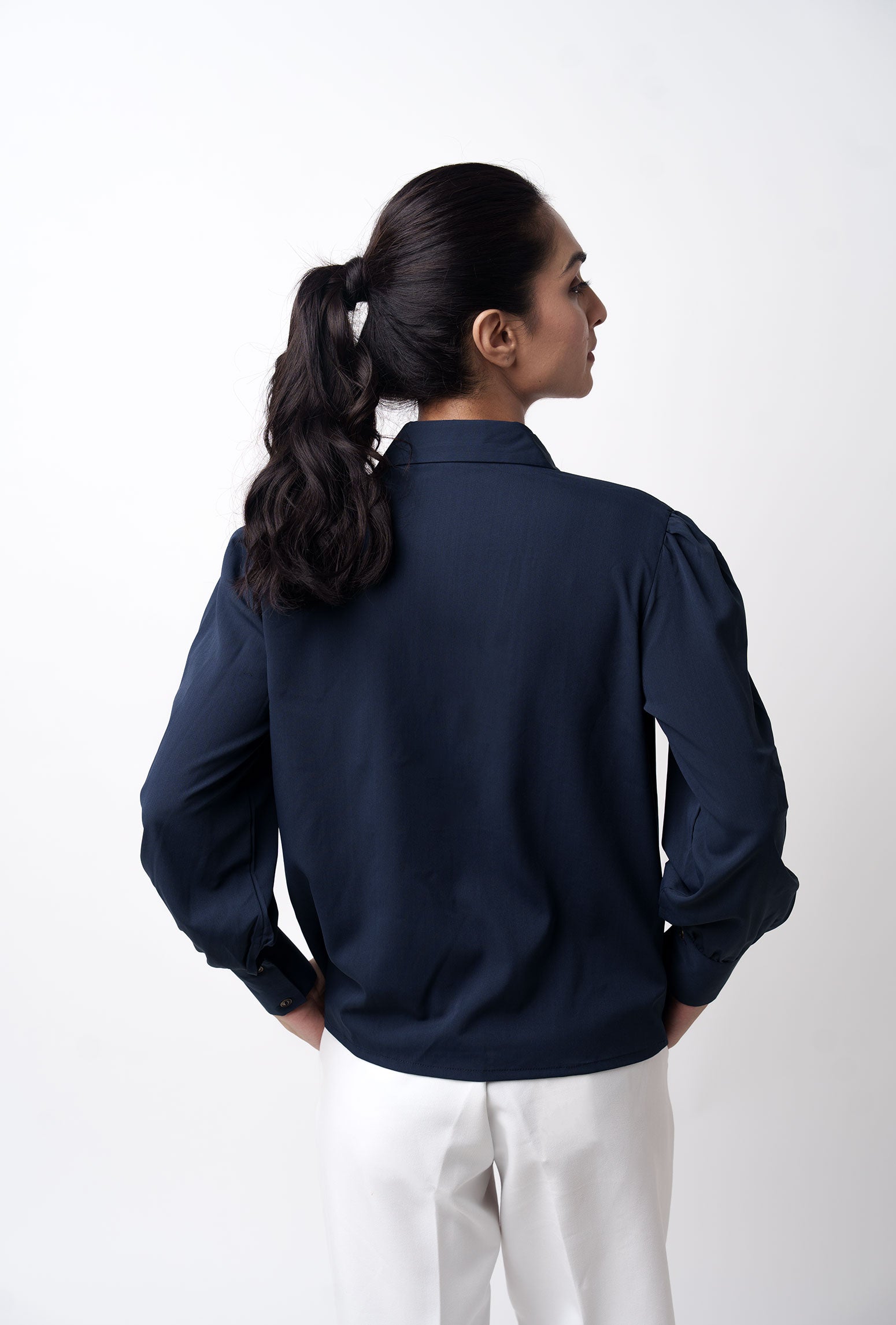 Front Gathered Semi-Casual shirts-Navy Blue