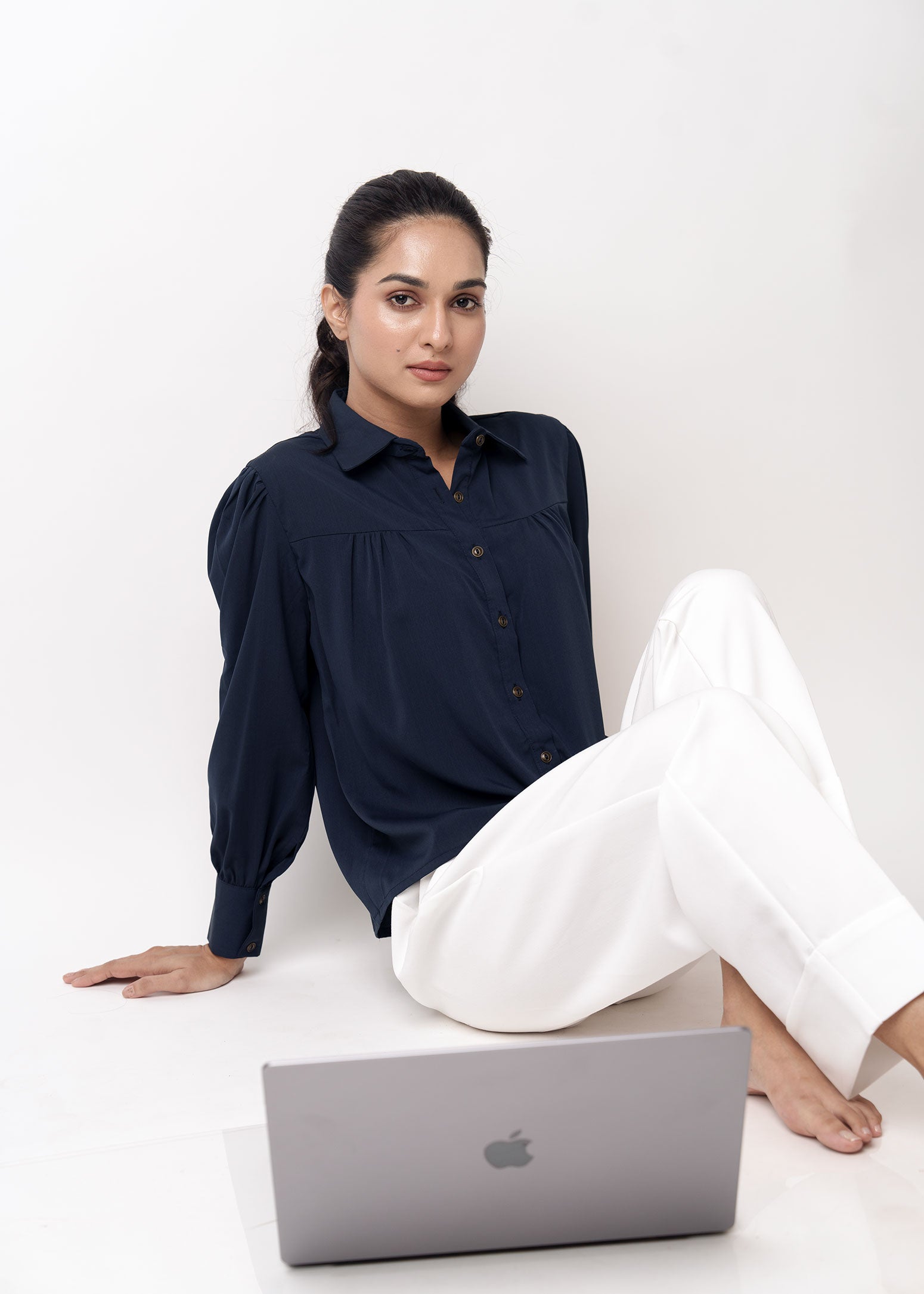 Front Gathered Semi-Casual shirts-Navy Blue