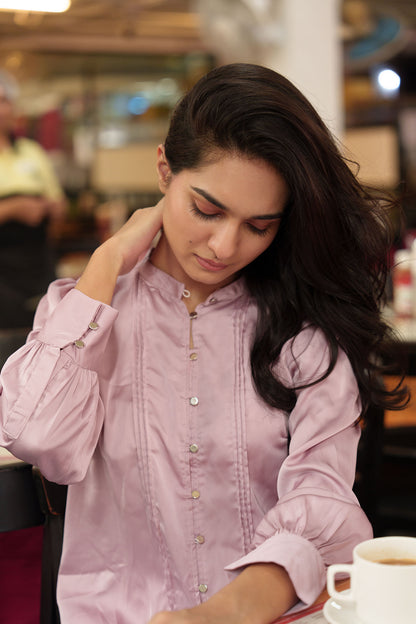 Pintuck Metal Button Premium Satin shirts for women