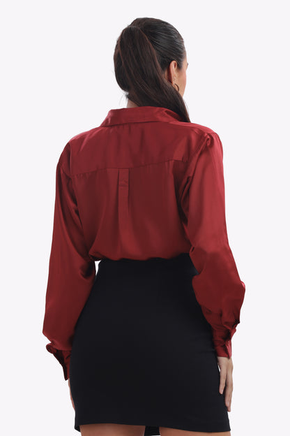 Lush - Oversized Cherry Red Milano Satin Shirt