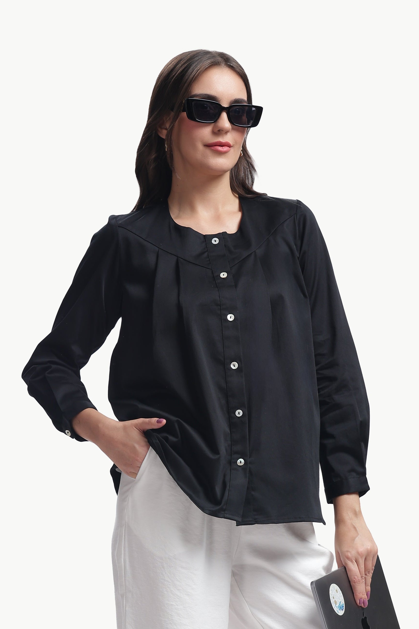 Lume - Cotton Silk Box Pleated Shirt (Black)