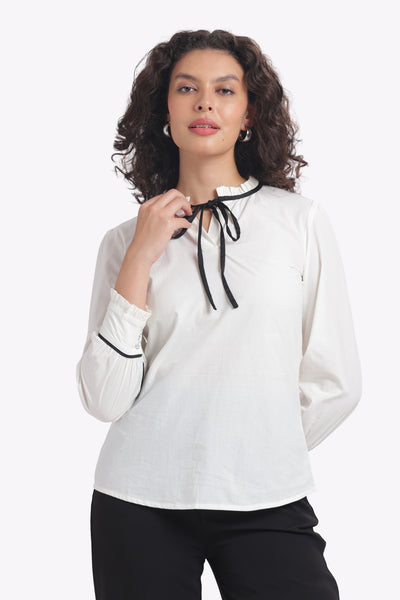 Allure - White Poplin Shirt with Black Tie-Up