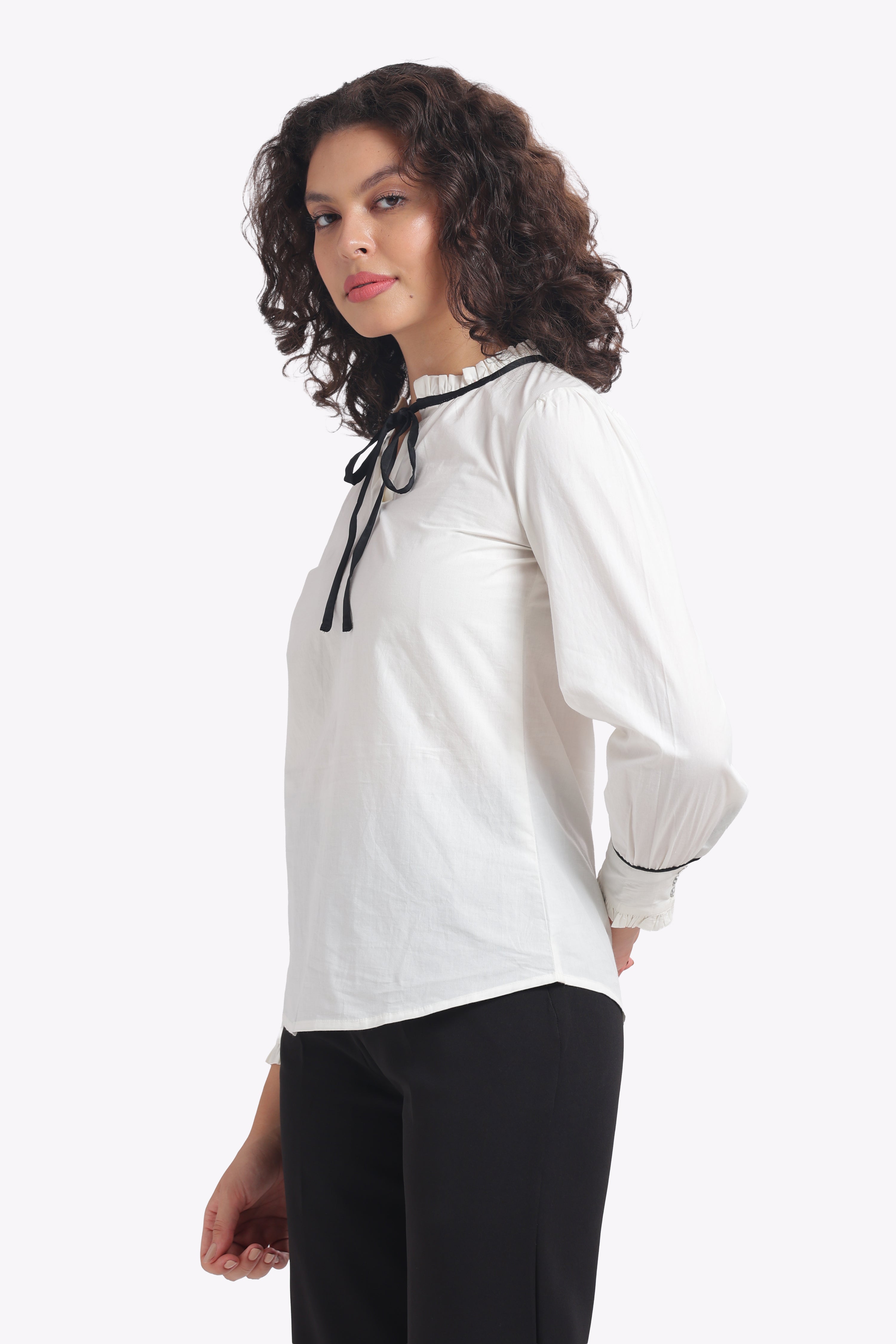 Allure - White Poplin Shirt with Black Tie-Up