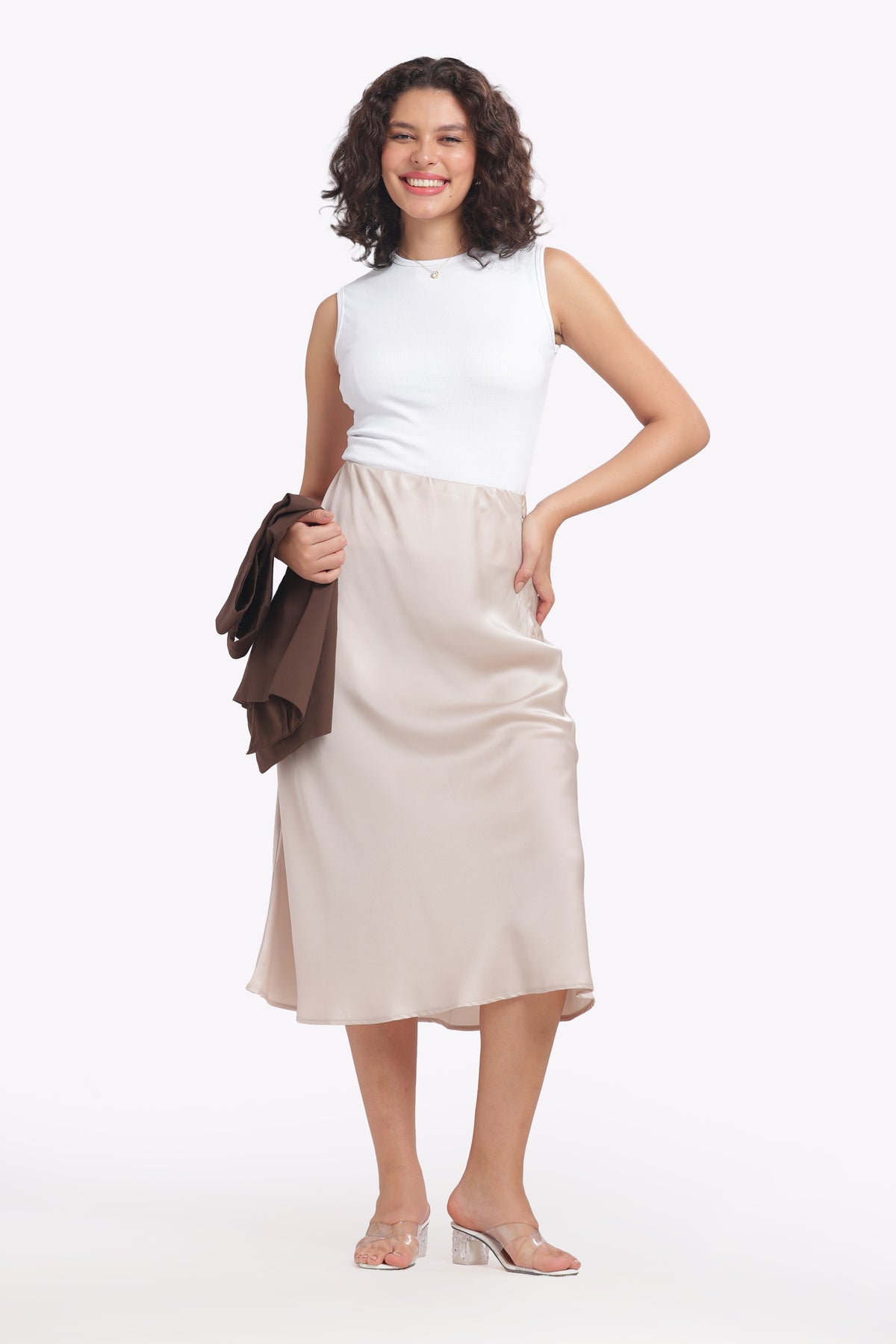 Muse - A Line Milano Satin Skirt (Beige) – Dusklane
