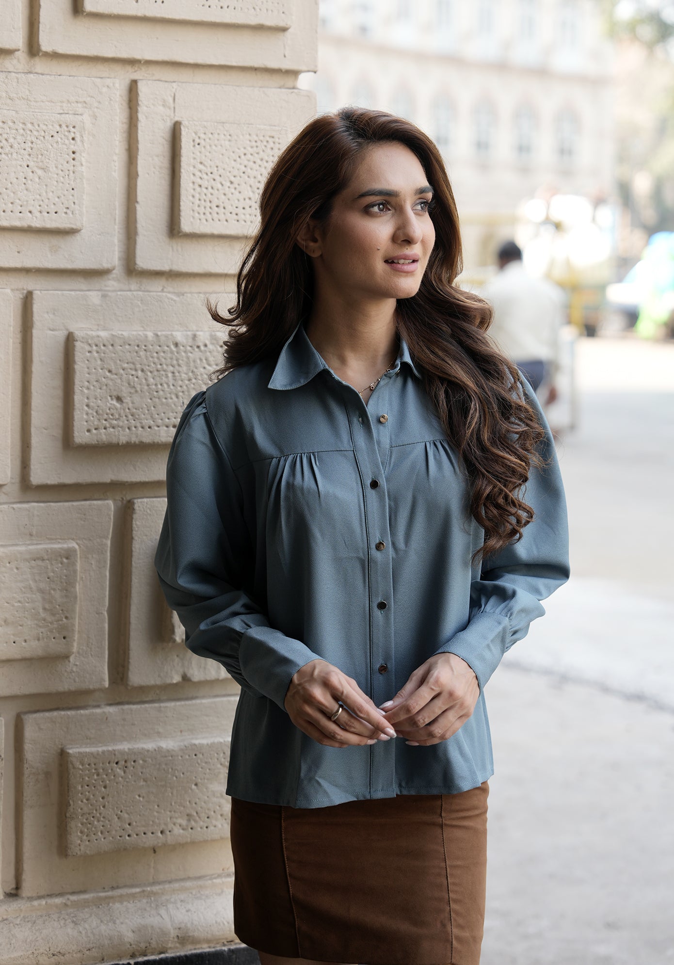 Front Gathered Semi-Casual shirts-Dusty Teal