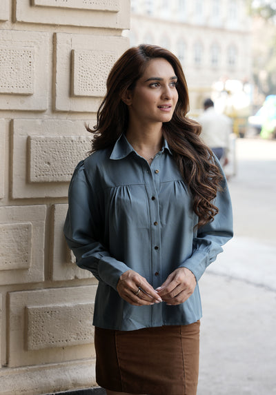 Front Gathered Semi-Casual shirts-Dusty Teal