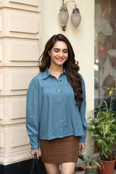 Front Gathered Semi-Casual shirts-Dusty Teal