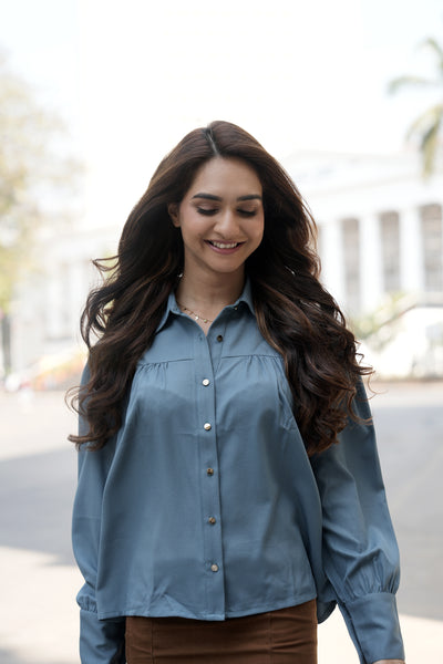 Front Gathered Semi-Casual shirts-Dusty Teal