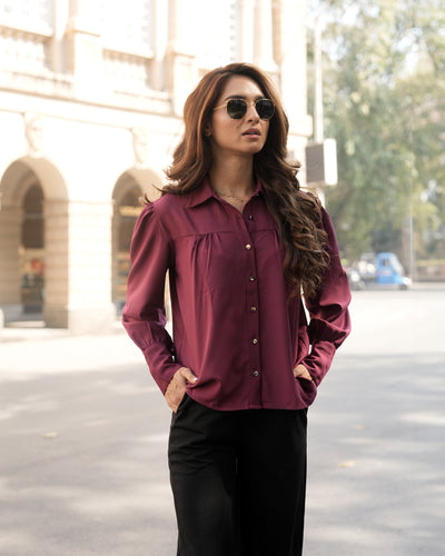 Front Gathered Semi-Casual shirts-Dark Magenta