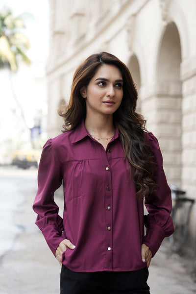 Front Gathered Semi-Casual shirts-Dark Magenta