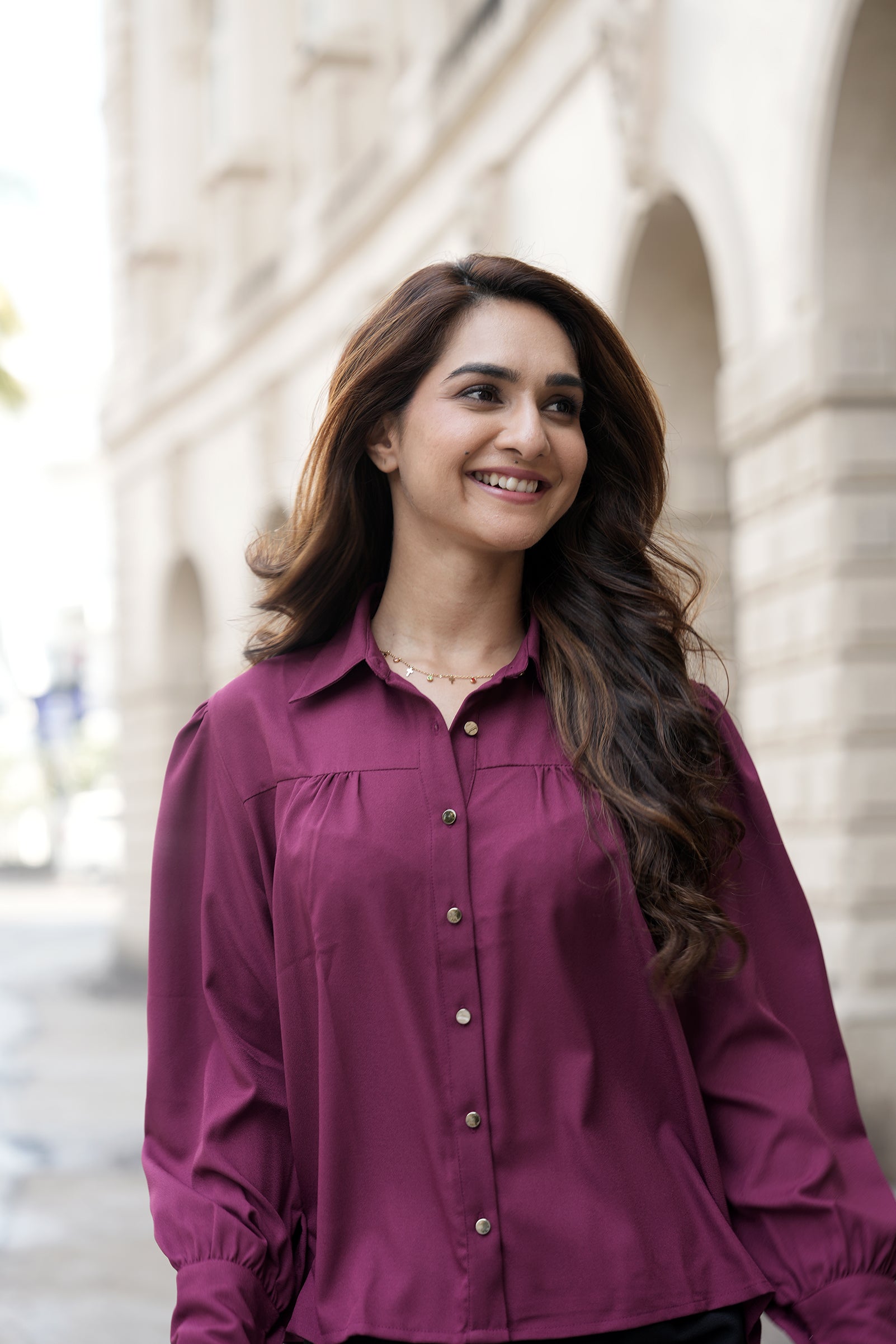 Front Gathered Semi-Casual shirts-Dark Magenta