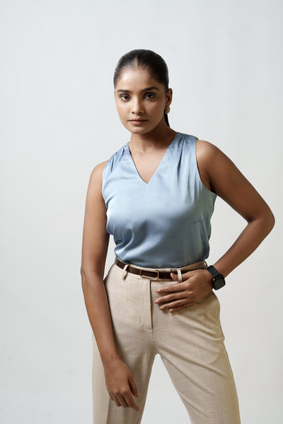 Satin Tank Top - V Neck (Powder Blue)