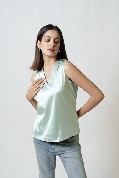 Satin Tank Top - V Neck (Pistachio Green)