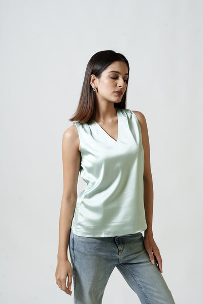 Satin Tank Top - V Neck (Pistachio Green)