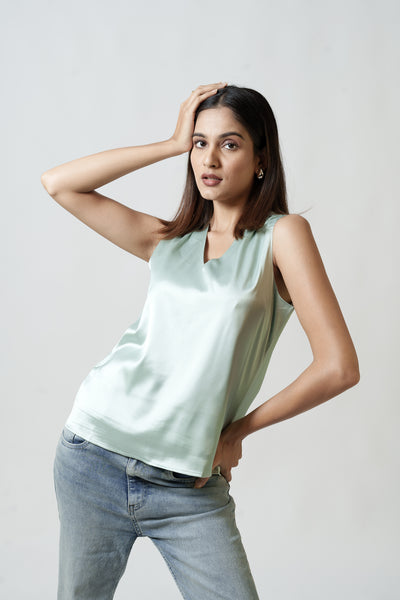Satin Tank Top - V Neck (Pistachio Green)