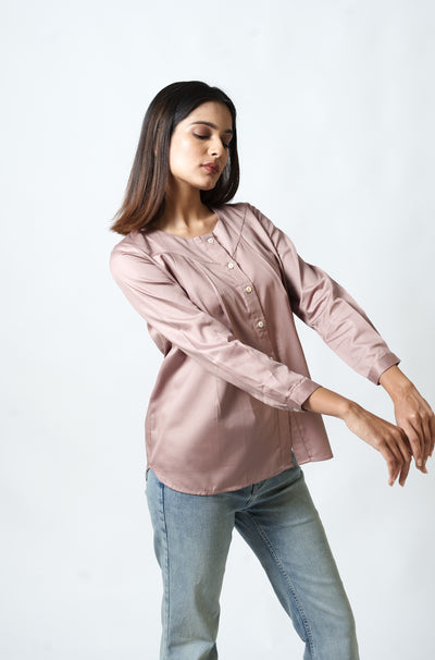 Cotton Silk Box Pleated Shirt (Mauve)