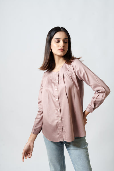 Cotton Silk Box Pleated Shirt (Mauve)