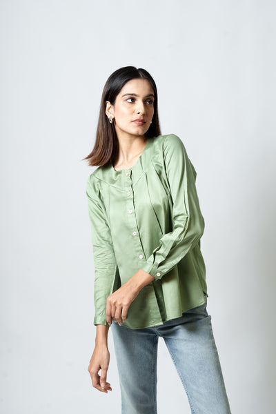 Cotton Silk Box Pleated Shirt (Sage Green)
