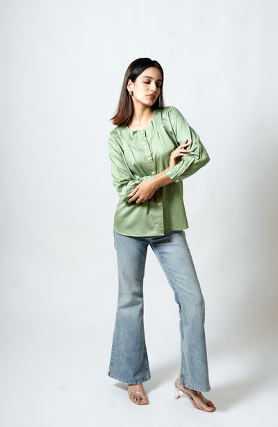 Cotton Silk Box Pleated Shirt (Sage Green)