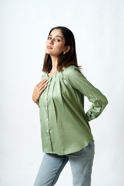 Cotton Silk Box Pleated Shirt (Sage Green)