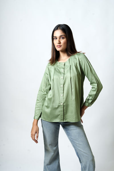 Cotton Silk Box Pleated Shirt (Sage Green)